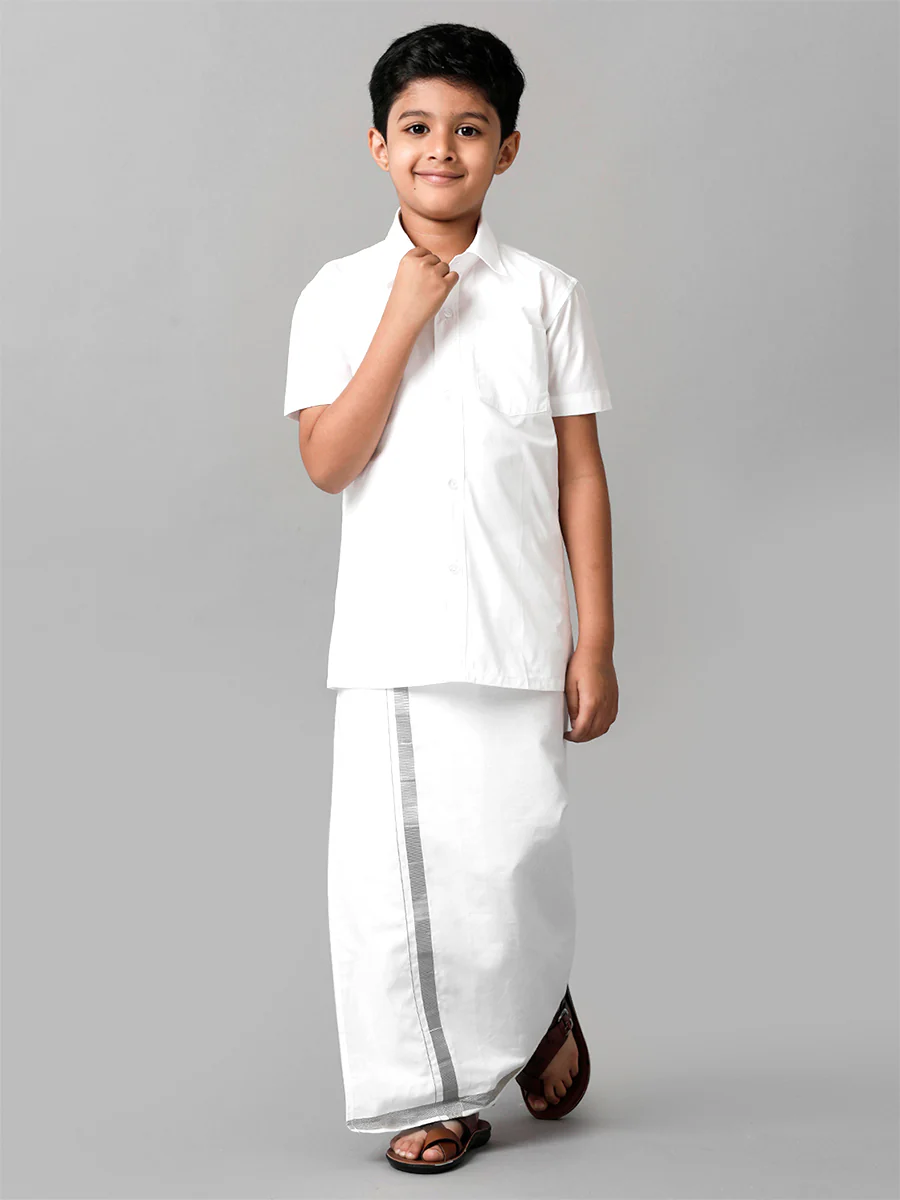 Boys Readymade  Single Layer White Dhoti With Silver Jari Border - Image 3