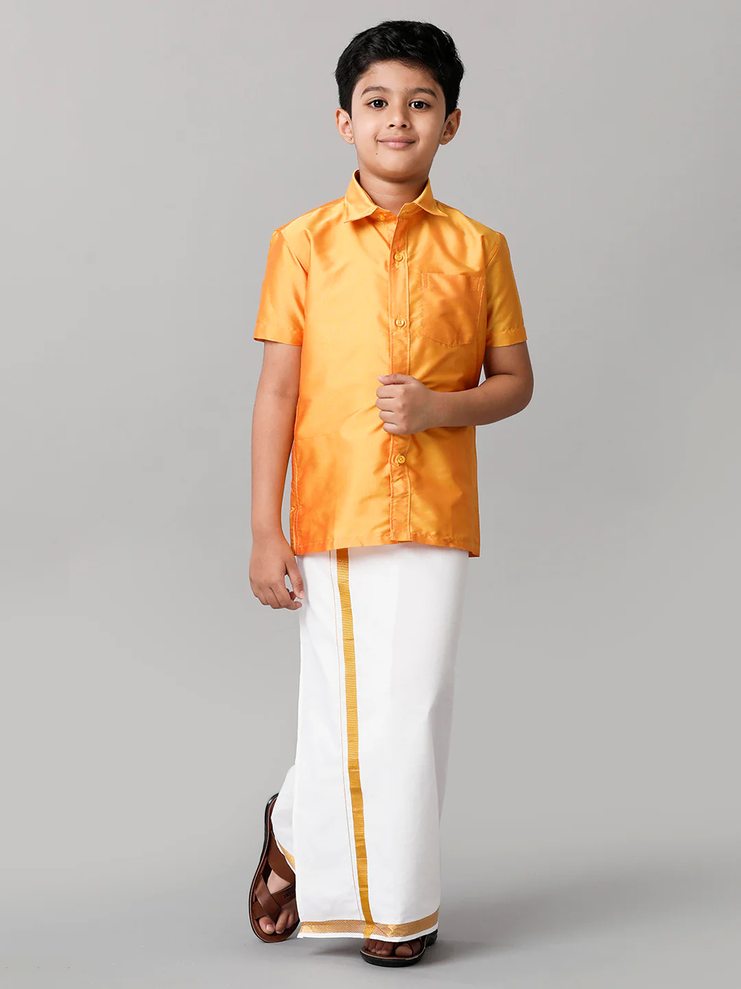 Boys Yellow Half Sleeves Shirt with White Dhoti Combo K6 - Image 3
