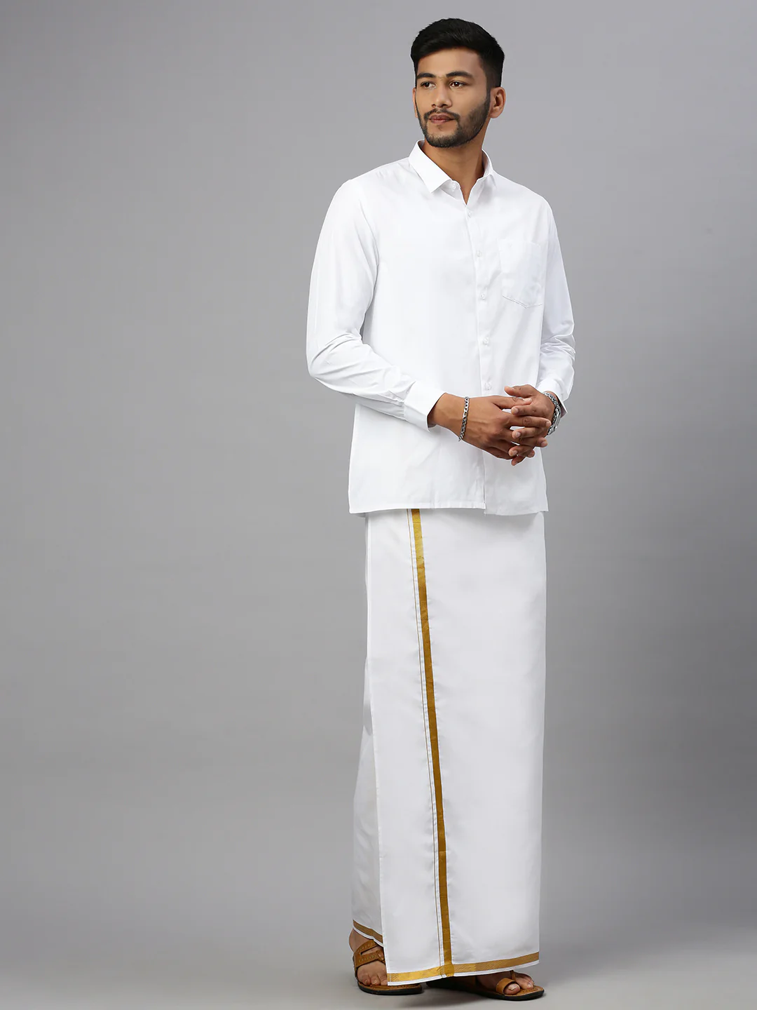 Men 100% Cotton Double Layer White Dhoti with 3/4"Gold Jari Border Good Will - Image 3