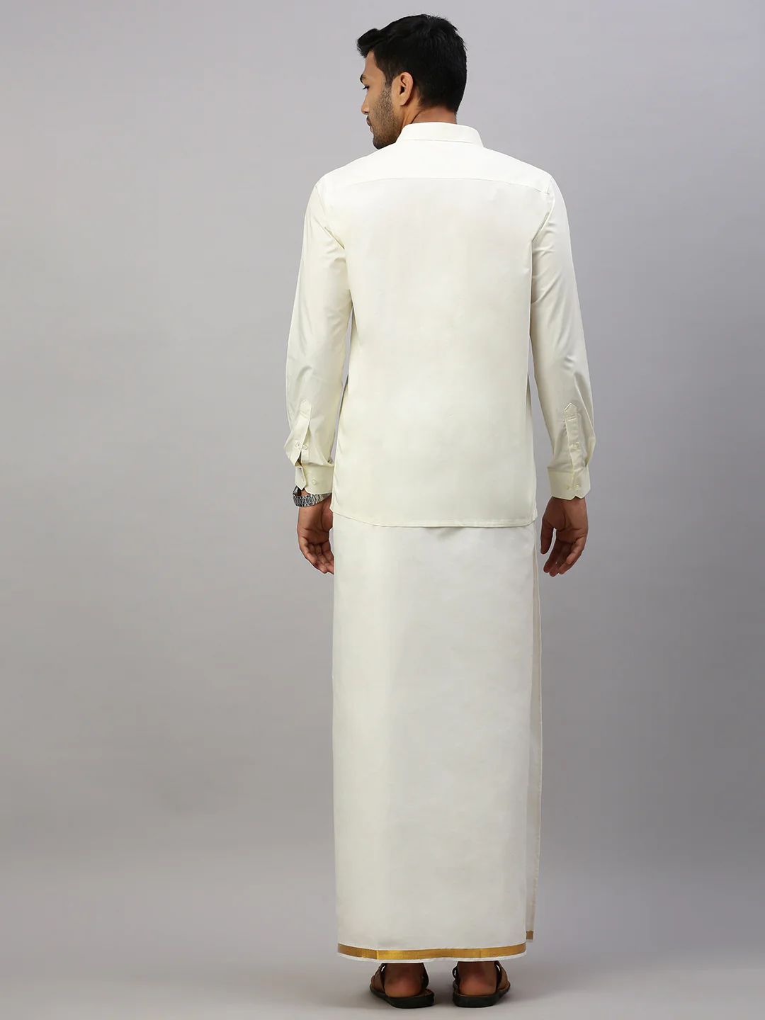 Men 100% Cotton Single Layer Cream Dhoti with 1/2" Gold Jari Border Maestro - Image 4