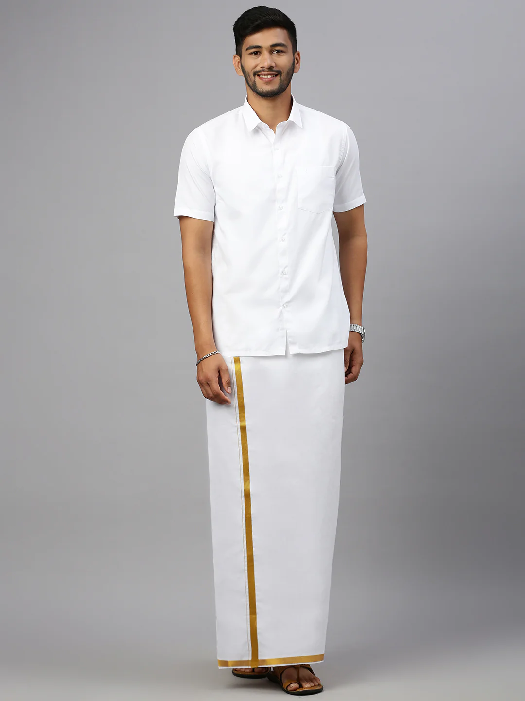 Men Cotton Blend Double Layer White Dhoti with 1" Gold Jari Border Crimson - Image 3