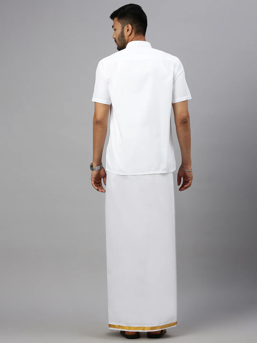 Men Cotton Blend Double Layer White Dhoti with 1" Gold Jari Border Crimson - Image 4