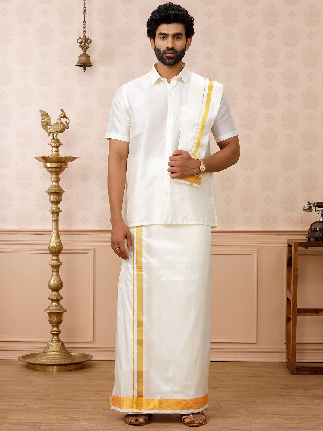Men Pure Silk Cream Double Layer Dhoti  2" inch Jari Border Upasana - Image 3