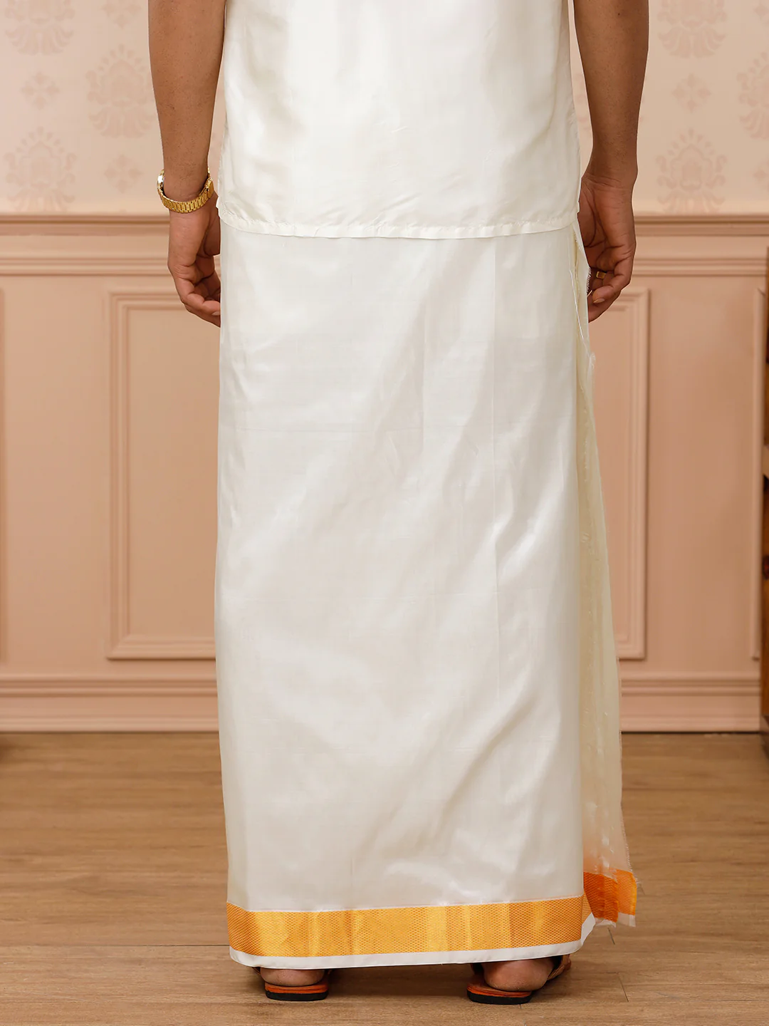 Men Pure Silk Cream Double Layer Dhoti  2" inch Jari Border Upasana - Image 4