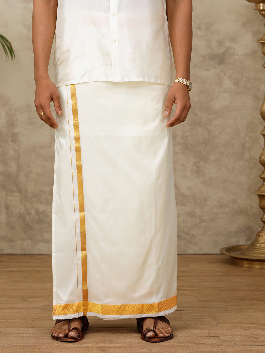 Men Pure Silk Cream with 1 1/2" inch Jari Border Dhoti & Shirt Fabric Set Purna Mithra - Image 3