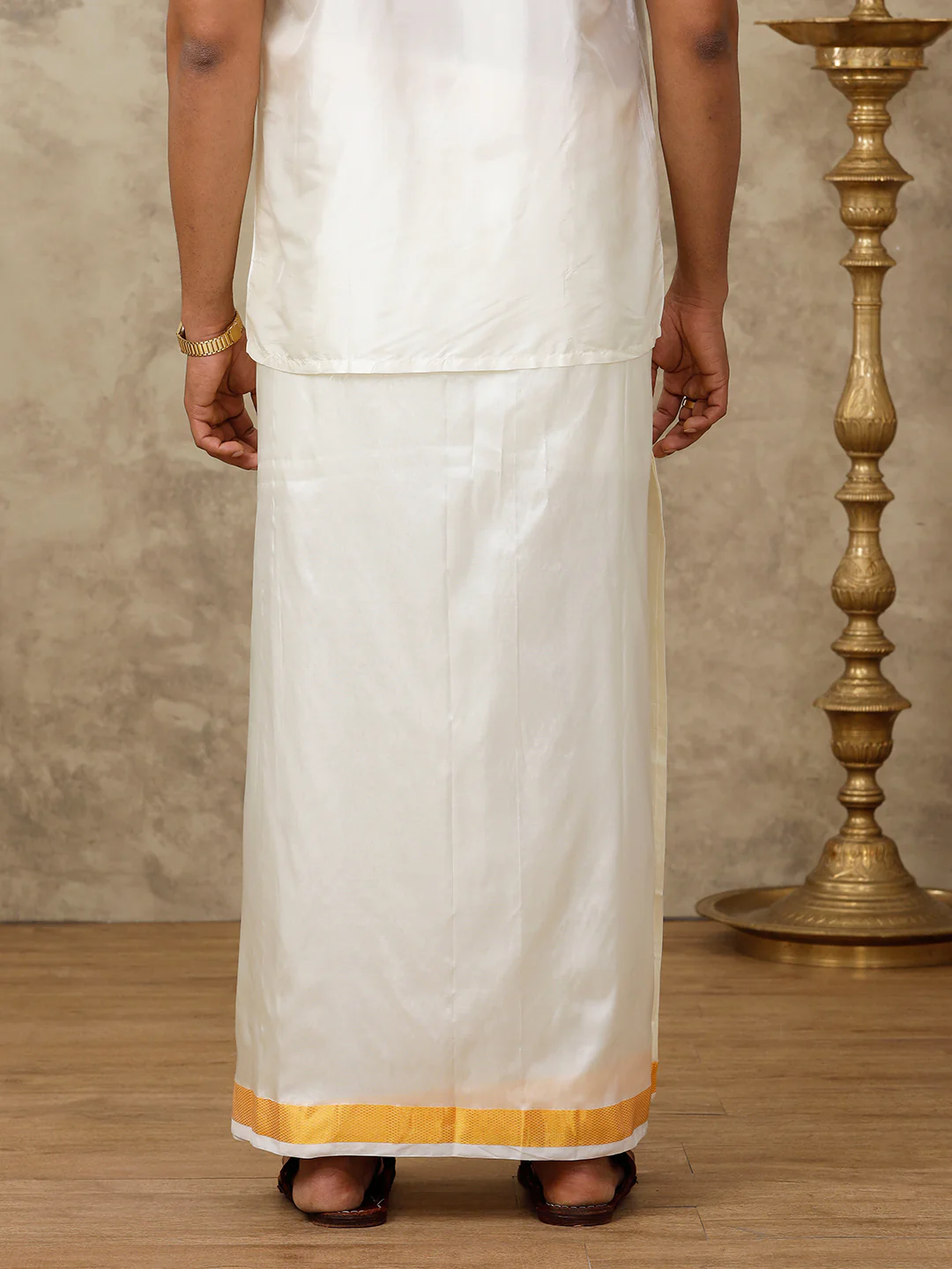 Men Pure Silk Cream with 1 1/2" inch Jari Border Dhoti & Shirt Fabric Set Purna Mithra - Image 4