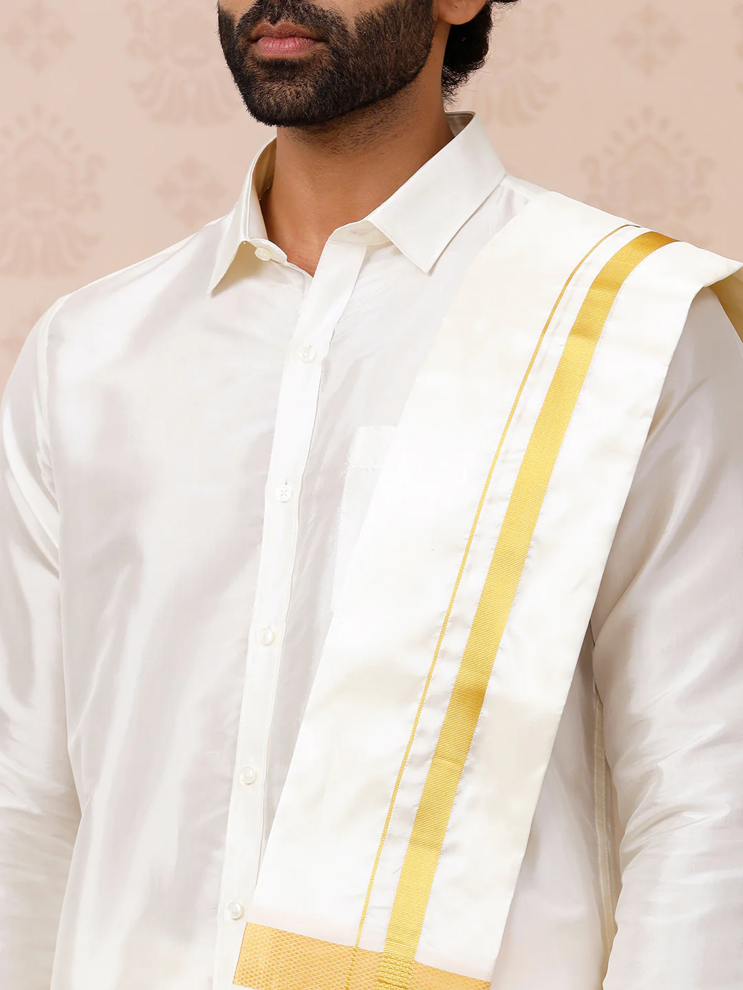 Men Pure Silk Cream with 1 1/2" inch Jari Border Dhoti Shirt & Towel Set - Image 4