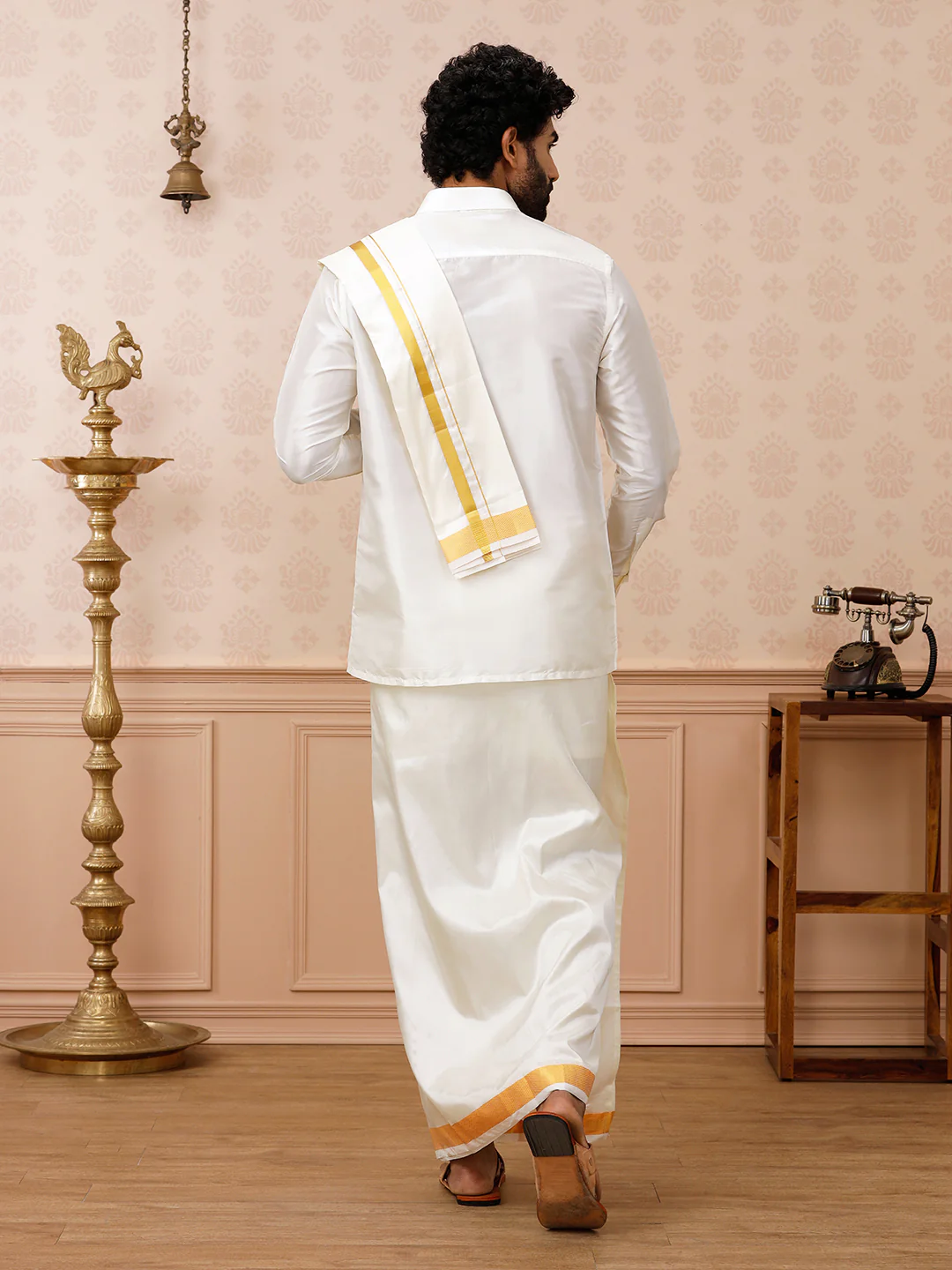 Men Pure Silk Cream with 1 1/2" inch Jari Border Dhoti Shirting & Towel Set Rajahamsa - Image 3
