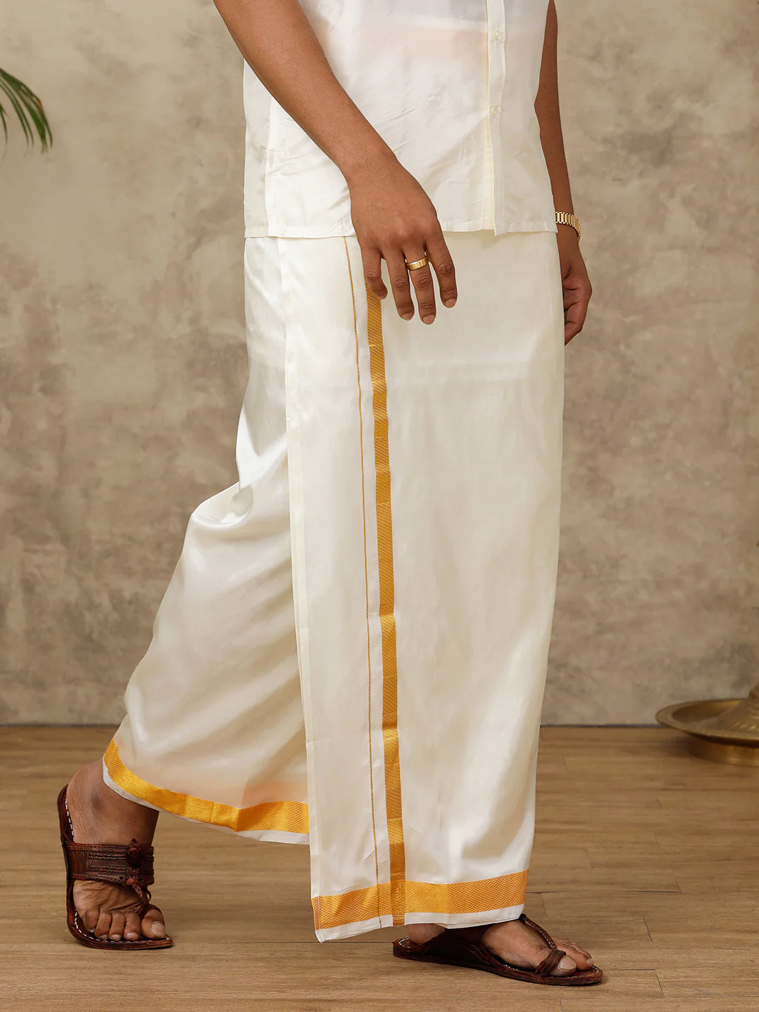 Men Pure Silk Cream with 1 1/2" inch Jari Border Double Layer Dhoti Upasana - Image 3