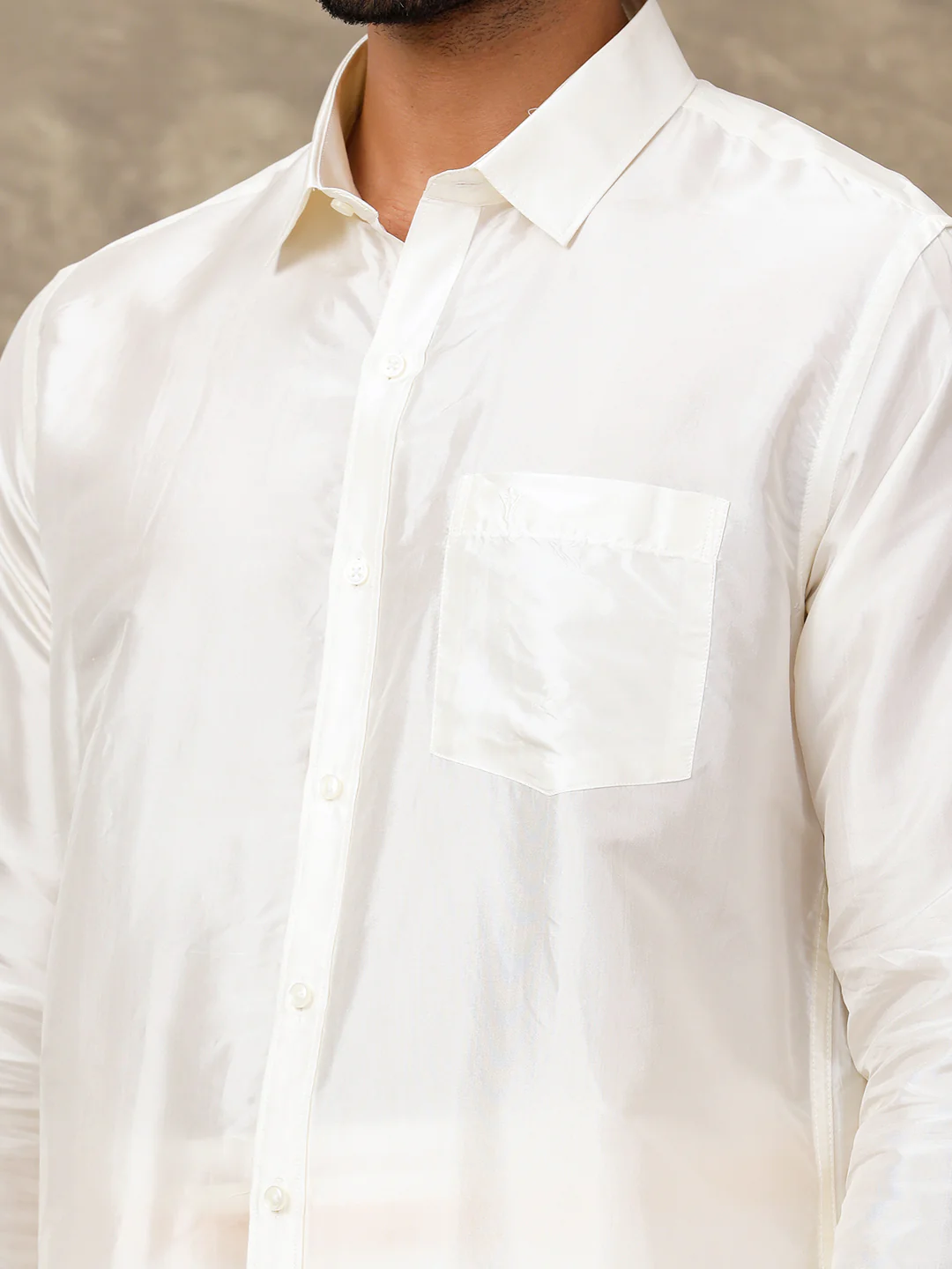 Men Pure Silk Cream with 1/2" inch Jari Border Dhoti Shirt & Towel Set - Image 4