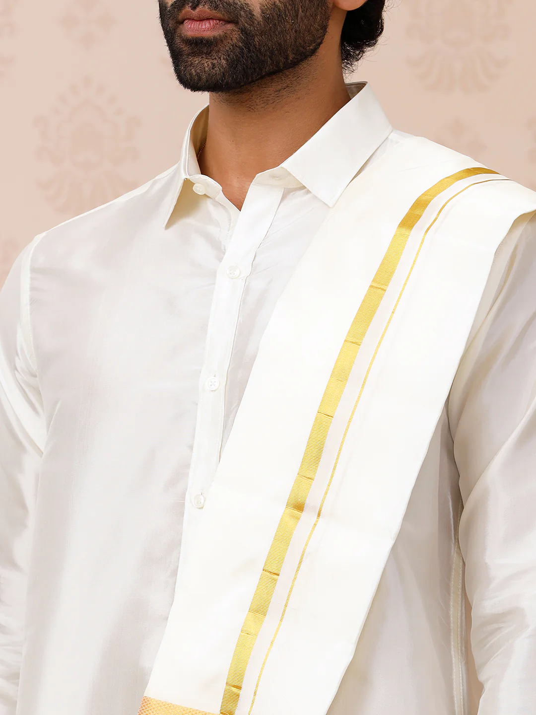 Men Pure Silk Cream with 1/2" inch Jari Border Dhoti Shirt & Towel Set - Image 7