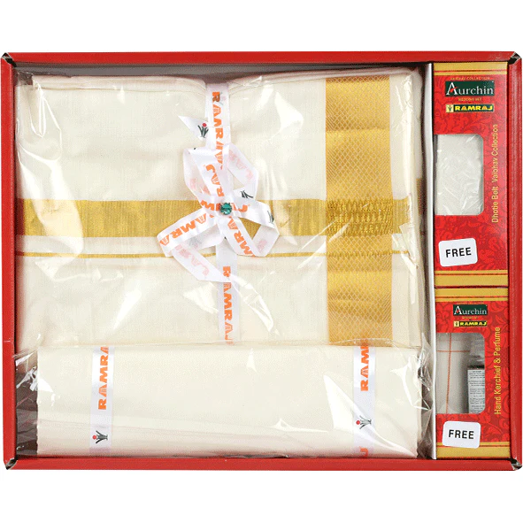 Men Pure Silk Cream with 1" inch Gold Jari Border Dhoti & Shirting Purna Mithra - Image 3