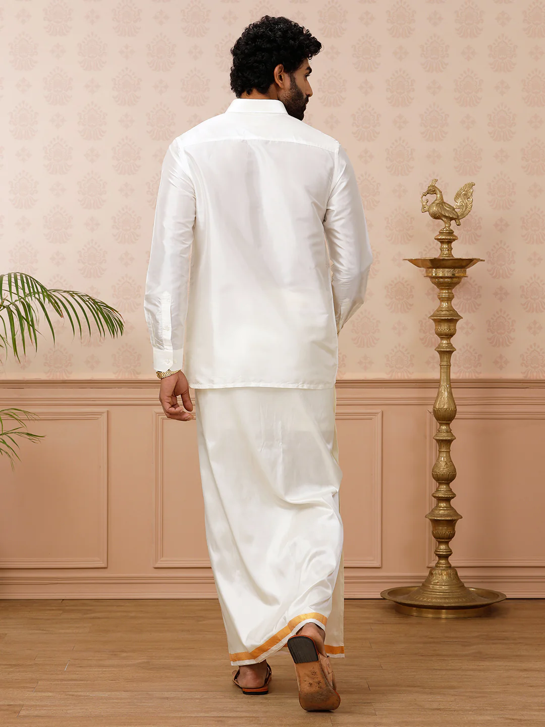 Men Pure Silk Cream with 3/4" inch Gold Jari Border Dhoti & Shirting Purna Mithra - Image 5