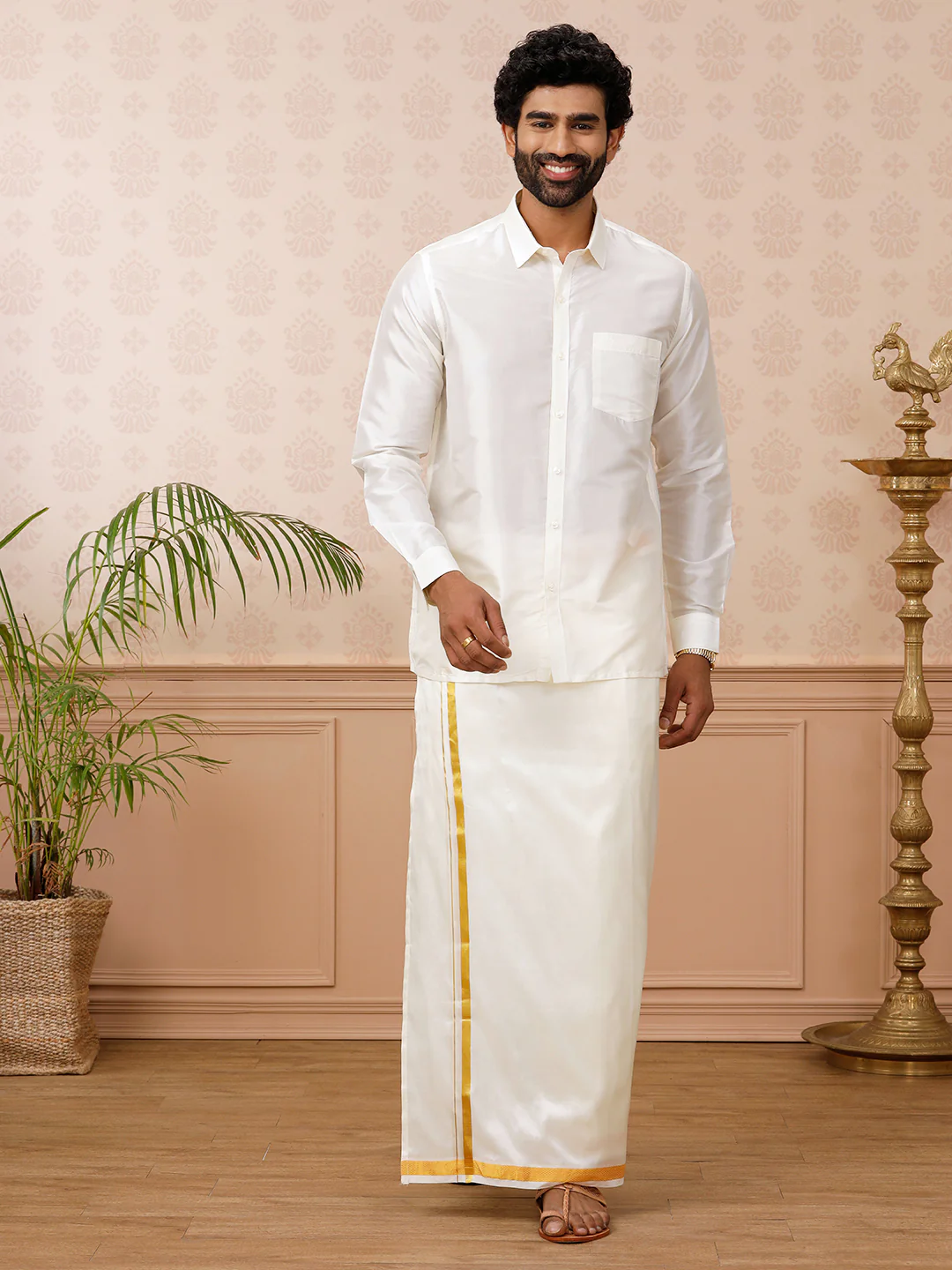 Men Pure Silk Double Layer Cream Dhoti with Jari Border Upasana - Image 6