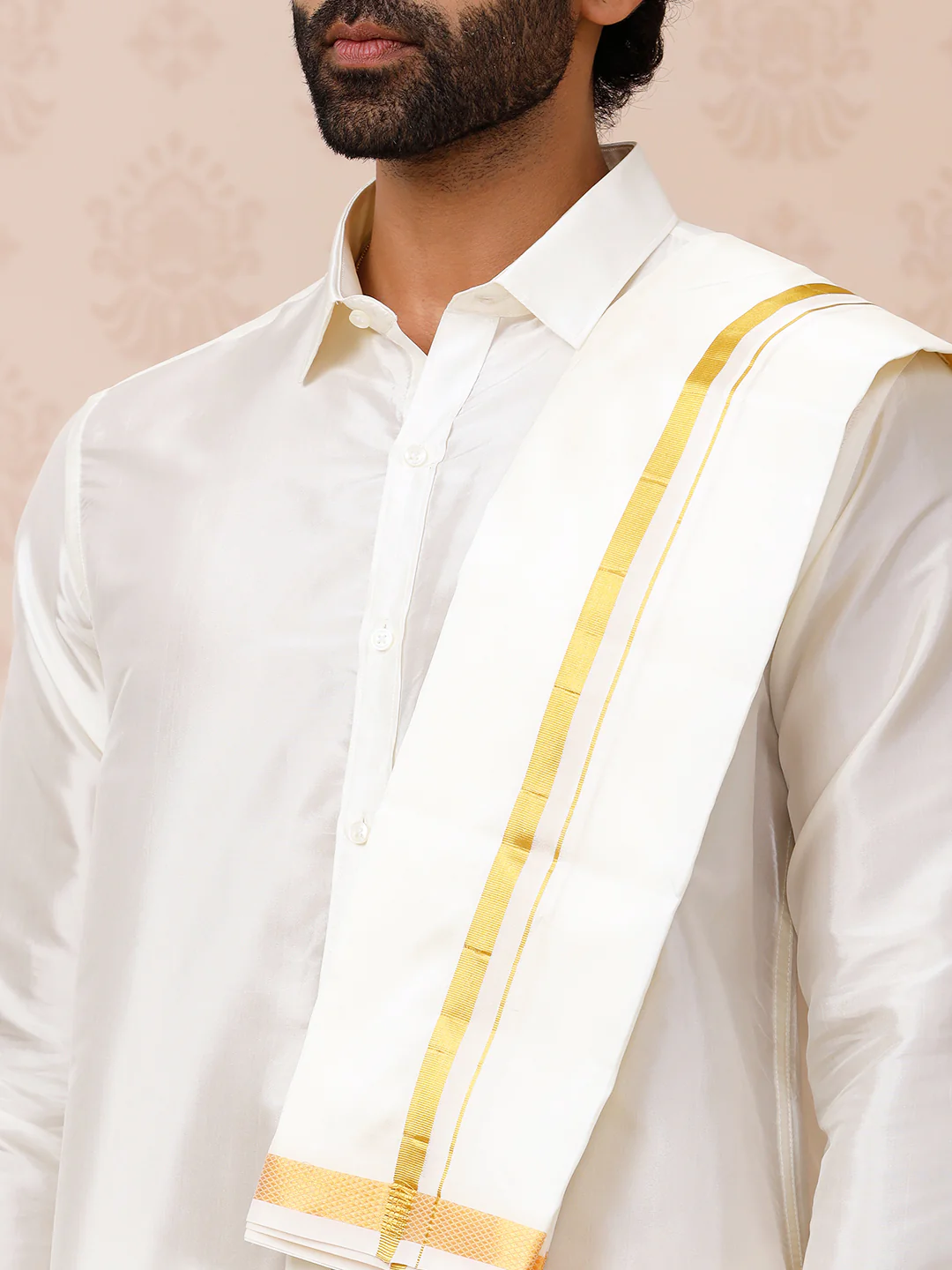 Men Silk Cream with 3/4" inch Jari Border Dhoti Shirt & Towel Set Subha Vaibhavaa - Image 5