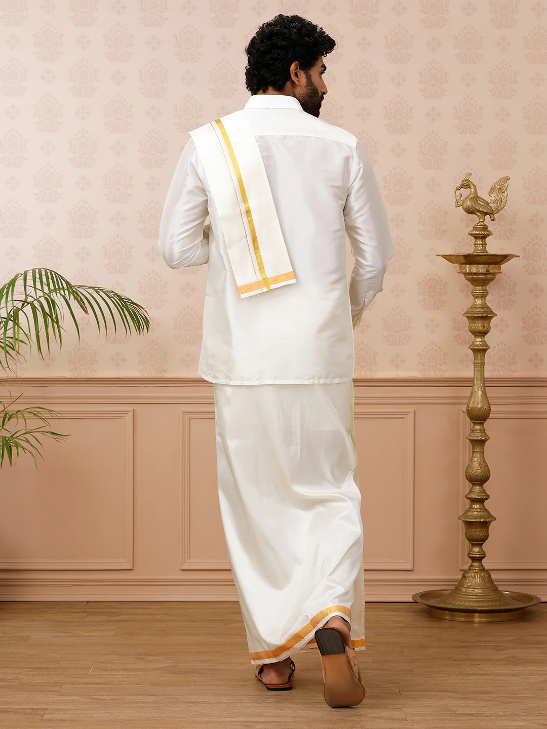 Men Silk Cream with 3/4" inch Jari Border Dhoti Shirt & Towel Set Subha Vaibhavaa - Image 6