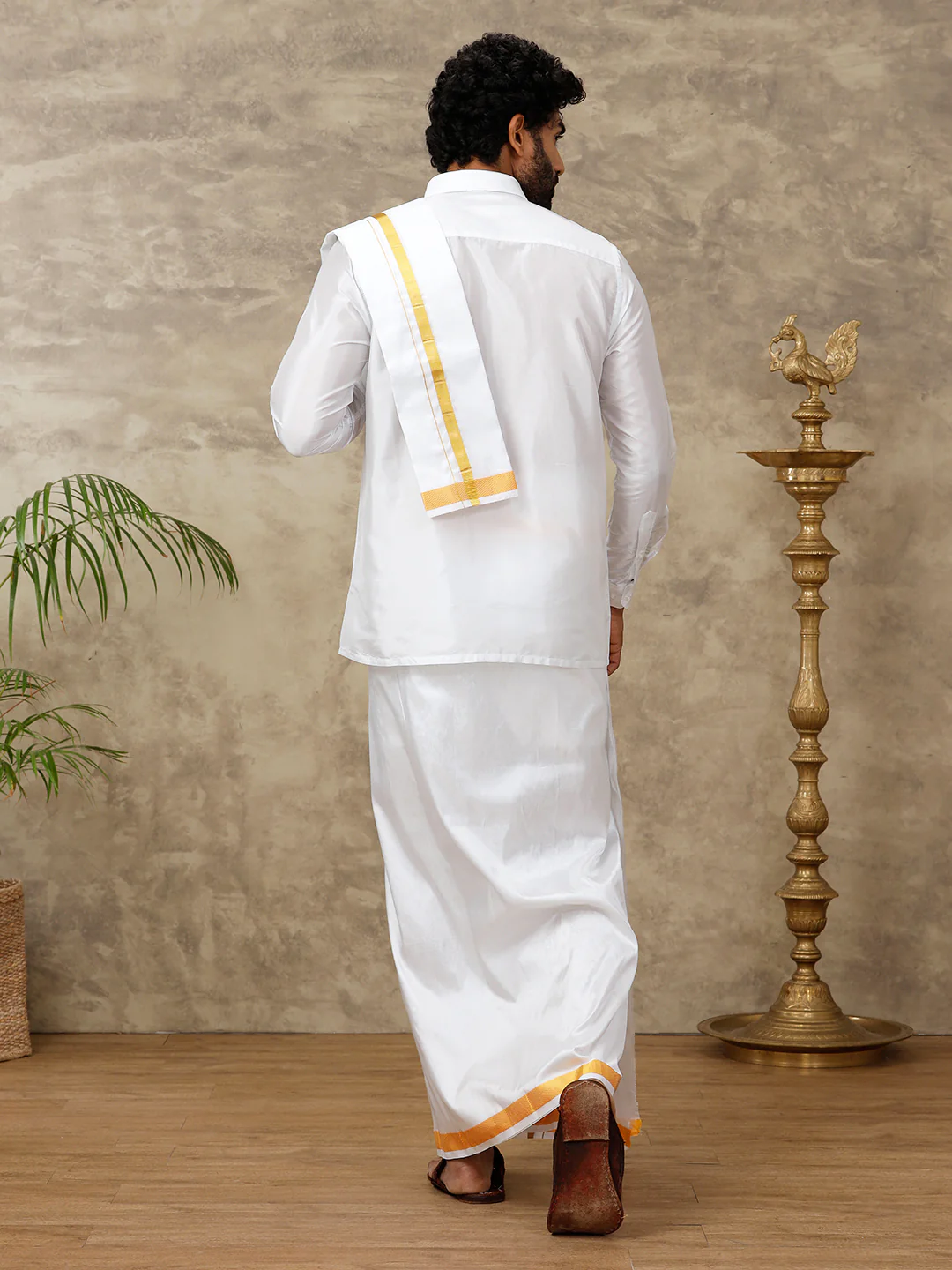 Men Silk White with 1" inch Jari Border Dhoti Shirt & Towel Set Subha Vaibhavaa - Image 3